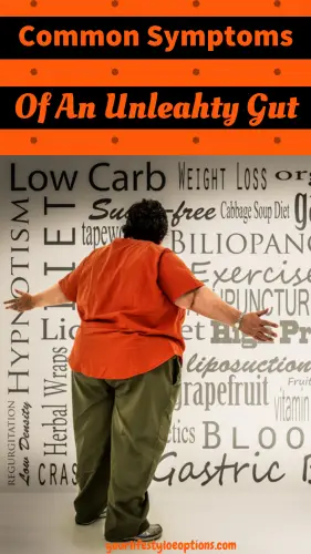 Overweight Man in Orange shirt staring at a wall of weight loss ords