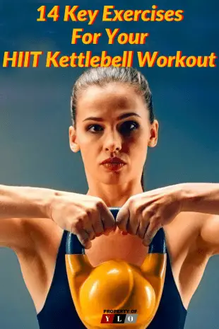 Pretty young woman holding a yellow kettlebell shoulder height with both hands