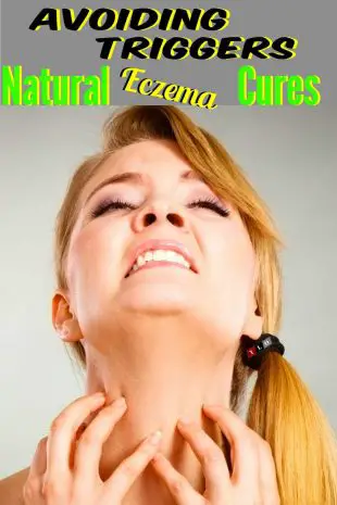 Young blond haired woman suffering from eczema clawing at her neck.