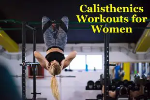 Athletic woman doing calisthenics workouts hanging upside down on horizontal bar at fitness gym